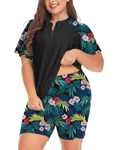 Inno Women's Plus Size 2 Piece Rash Guard Swimsuits Short Sleeve with Boyshorts UPF 50+ Surfing Swimwear 1X 2X 3X 4X 5X 6X - Image 1