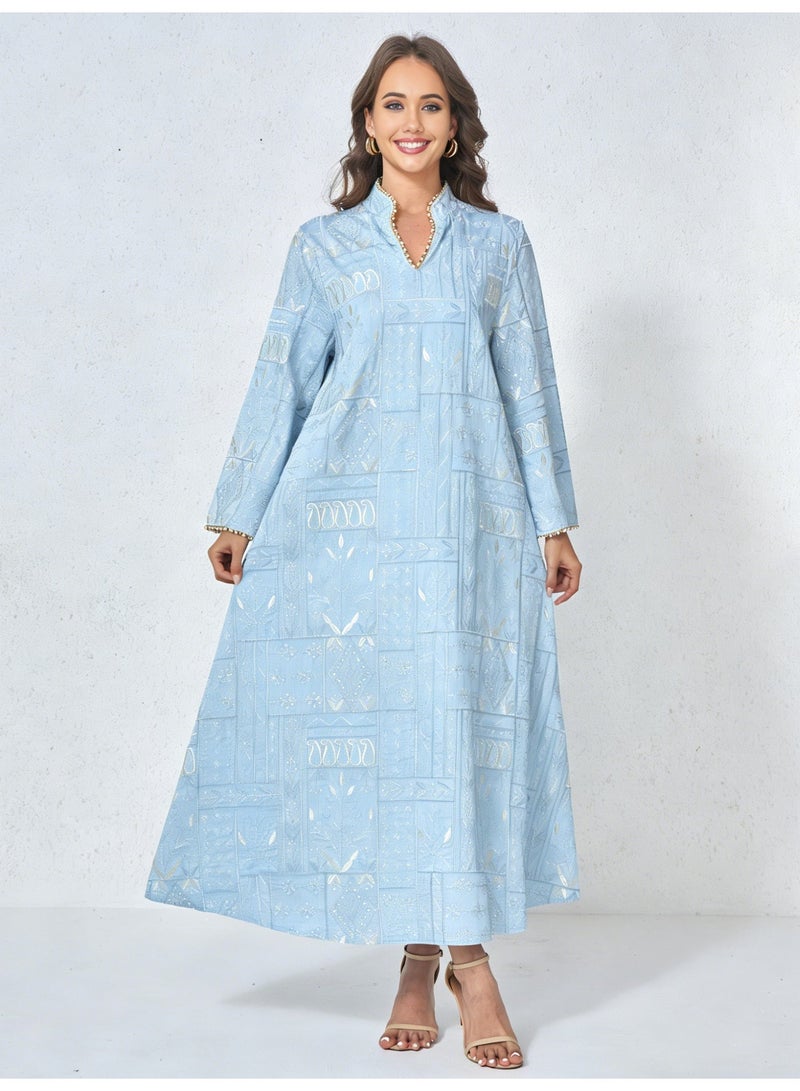 Kaiyuede Abaya Eid Light Blue Gold Geometric Embroidery Pearl Trim Polyester Stand Collar V-Neck S-XL - Image 1