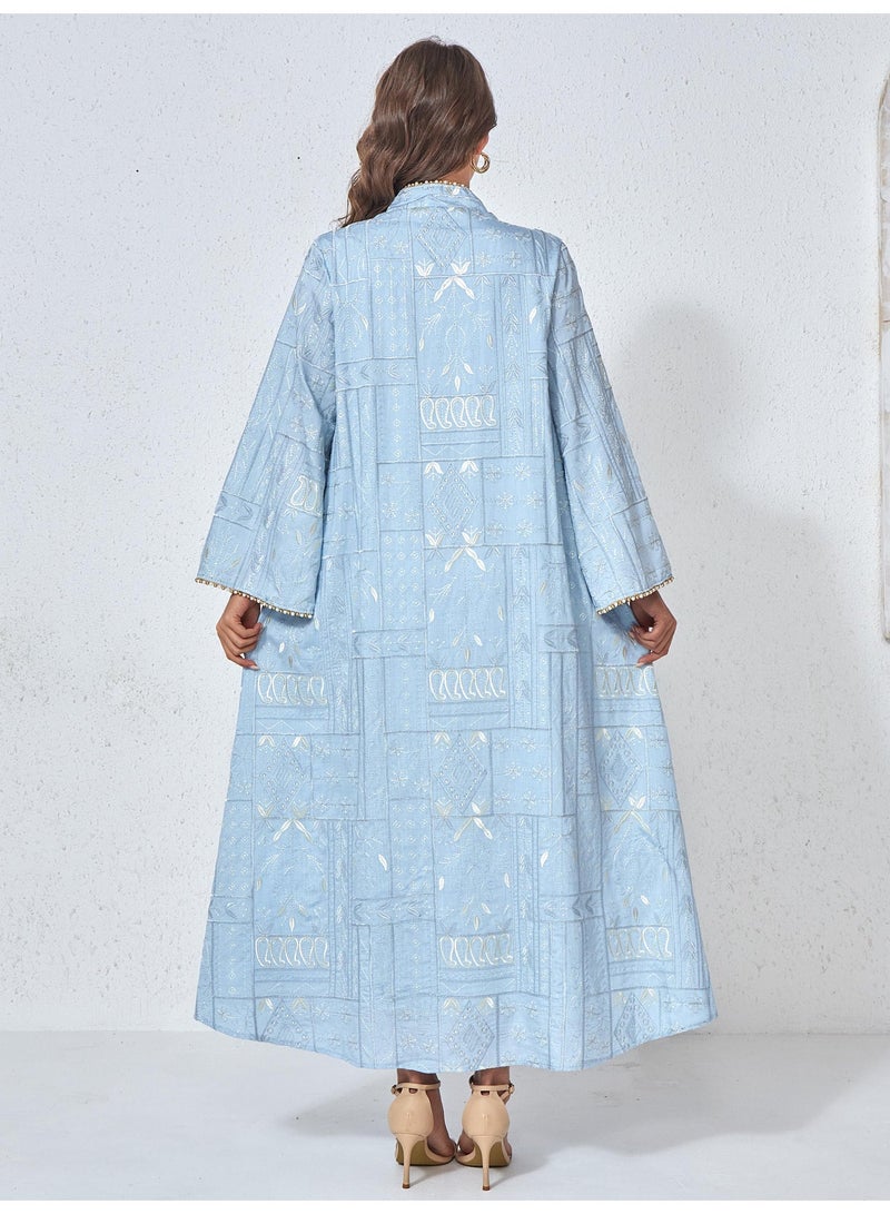 Kaiyuede Abaya Eid Light Blue Gold Geometric Embroidery Pearl Trim Polyester Stand Collar V-Neck S-XL - Image 2