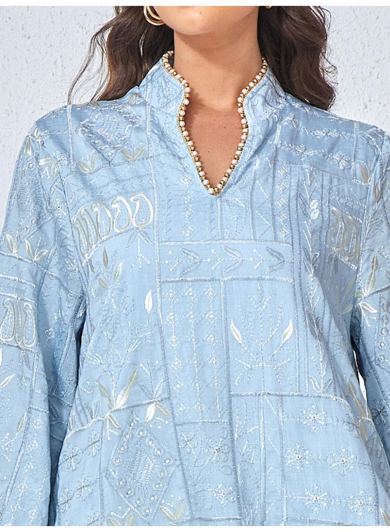 Kaiyuede Abaya Eid Light Blue Gold Geometric Embroidery Pearl Trim Polyester Stand Collar V-Neck S-XL - Image 3