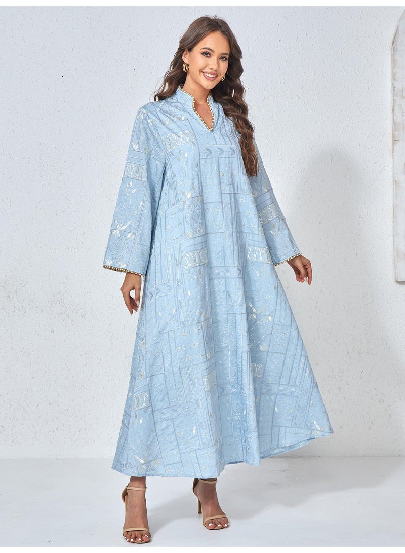 Kaiyuede Abaya Eid Light Blue Gold Geometric Embroidery Pearl Trim Polyester Stand Collar V-Neck S-XL - Image 4