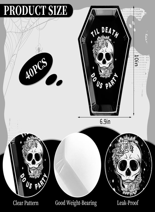 Whaline صحون ورقية هالوين للعروس أو الموت من واهلين 40 قطعة مزينة برؤوس سوداء وزهور ونعش، صحون حلوى قابلة للتصرف لزينة حفلات عيد الهالوين - Image 2