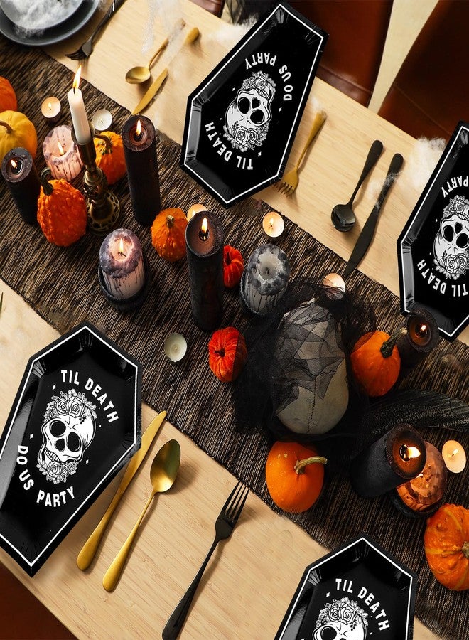 Whaline صحون ورقية هالوين للعروس أو الموت من واهلين 40 قطعة مزينة برؤوس سوداء وزهور ونعش، صحون حلوى قابلة للتصرف لزينة حفلات عيد الهالوين - Image 4