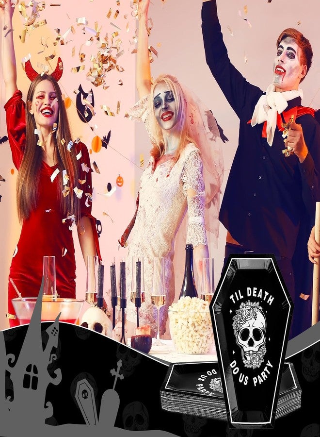 Whaline صحون ورقية هالوين للعروس أو الموت من واهلين 40 قطعة مزينة برؤوس سوداء وزهور ونعش، صحون حلوى قابلة للتصرف لزينة حفلات عيد الهالوين - Image 5