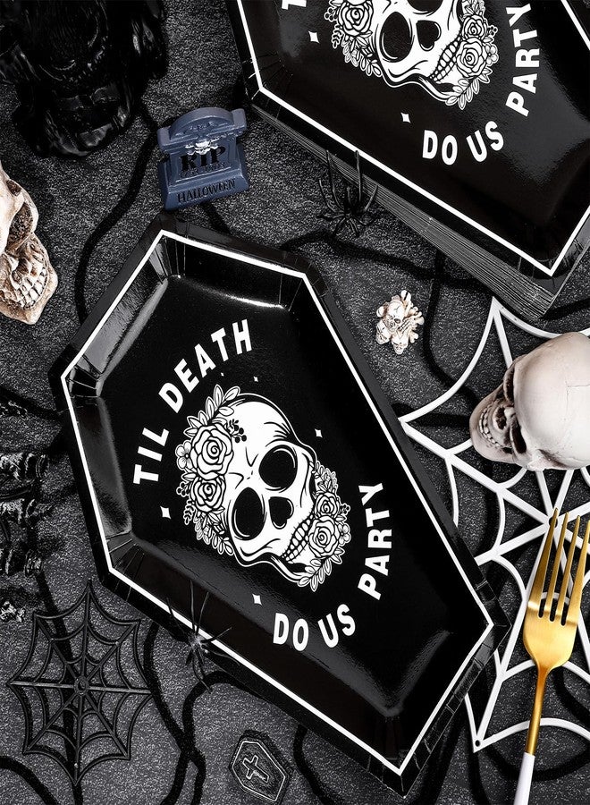 Whaline صحون ورقية هالوين للعروس أو الموت من واهلين 40 قطعة مزينة برؤوس سوداء وزهور ونعش، صحون حلوى قابلة للتصرف لزينة حفلات عيد الهالوين - Image 3