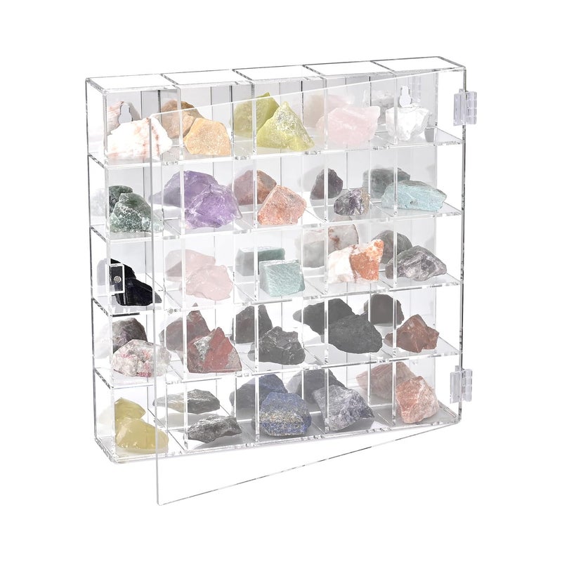 Ikee Design Mountable 25 Compartments Premium Acrylic Display Case Cabinet Stand with Mirrored Back, Clear Rock Display Shelves for Collectibles, Stones and Figures, 10.7 W x 2 D x 10.5 H in - Image 1