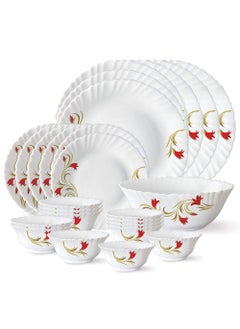 LARAH BY BOROSIL Larah by Borosil Fluted Series Red Lily Opalware Dinner Set | 25 Piece for Family of 6 | Microwave & Dishwasher Safe | Bone-Ash Free | Crockery Set for Dining & Gifting | Plates & Bowls | White  - Image 1