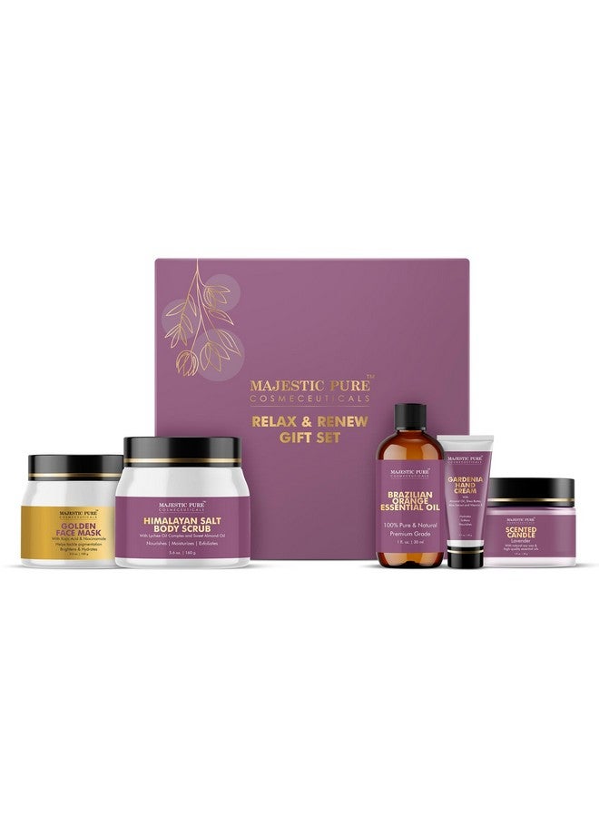 Majestic Pure Majestic Pure Gift Set set of 5- (Brazilian Orange oil 1oz, Scented Candle - 50g, Gardenia Hand Cream - 20g, Himalayan Salt Body Scrub - 160g, Gold Face Mask - 100g) - Image 1