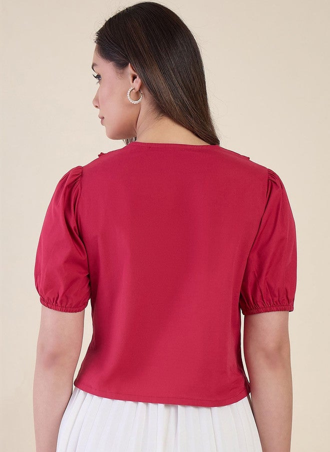 WineRed Wine Red Peter Pan Collar Puff Sleeve Ruffles Cotton Shirt - Image 5