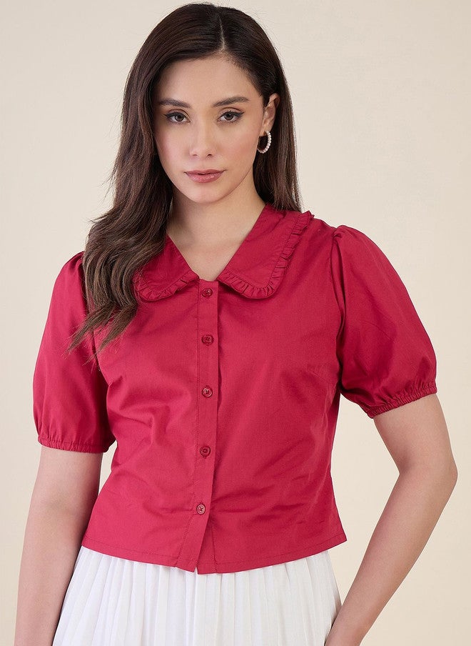 WineRed Wine Red Peter Pan Collar Puff Sleeve Ruffles Cotton Shirt - Image 2