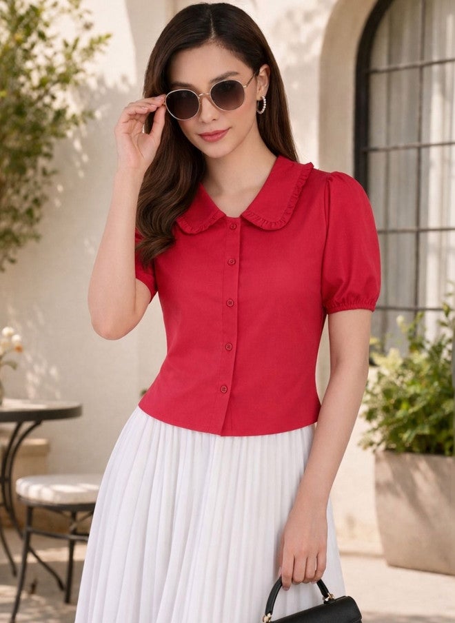 WineRed Wine Red Peter Pan Collar Puff Sleeve Ruffles Cotton Shirt - Image 1