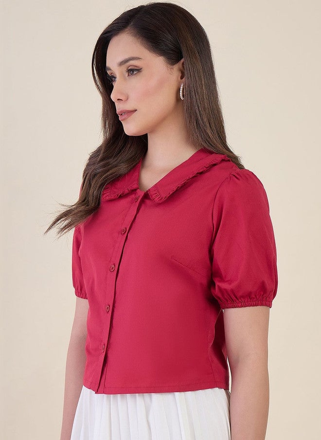WineRed Wine Red Peter Pan Collar Puff Sleeve Ruffles Cotton Shirt - Image 3