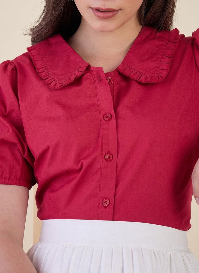 WineRed Wine Red Peter Pan Collar Puff Sleeve Ruffles Cotton Shirt - Image 4