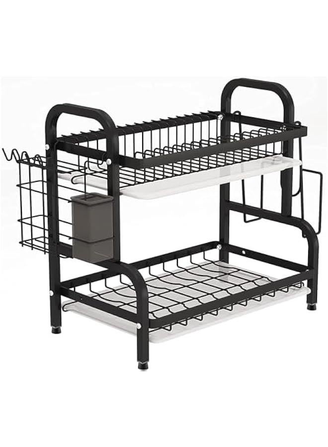 تراسل رف تجفيف الاطباق من تراسل، مجموعة لوح تصريف اطباق مطبخ صغير الحجم من طبقتين، مصفاة اطباق كبيرة مقاومة للصدا مع حامل اواني وحامل لوح تقطيع للمطبخ (طبقتين)، معدن - Image 1