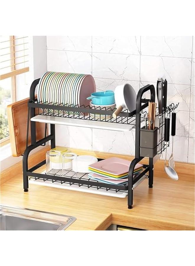 تراسل رف تجفيف الاطباق من تراسل، مجموعة لوح تصريف اطباق مطبخ صغير الحجم من طبقتين، مصفاة اطباق كبيرة مقاومة للصدا مع حامل اواني وحامل لوح تقطيع للمطبخ (طبقتين)، معدن - Image 2