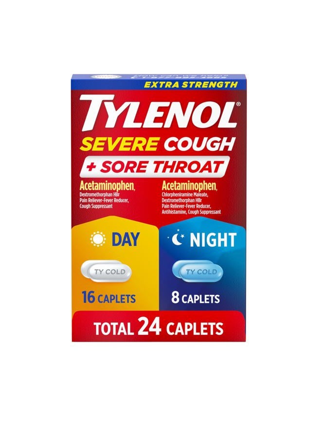 Tylenol Extra Strength Severe Cough + Sore Throat Day & Night Caplets, Combo Pack for Powerful Multi-Symptom Relief for Painful Sore Throat & Cough, Acetaminophen Pain Reliever, 24 ct - Image 1