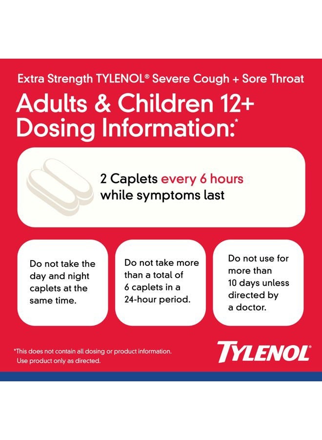 Tylenol Extra Strength Severe Cough + Sore Throat Day & Night Caplets, Combo Pack for Powerful Multi-Symptom Relief for Painful Sore Throat & Cough, Acetaminophen Pain Reliever, 24 ct - Image 4