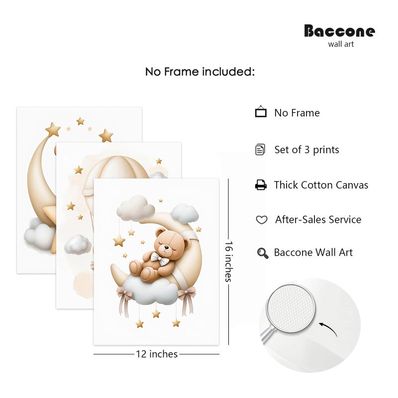 Baccone Teddy Bear Nursery Wall Art Decor Baby Boy Girl Room Pictures Bear Nursery Canvas Wall Art Decor Vintage Children's Room Posters Toddler Kids Neutral Artwork for Bedroom Playroom 12x16x3 Unframed - Image 2