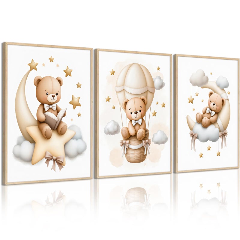 Baccone Teddy Bear Nursery Wall Art Decor Baby Boy Girl Room Pictures Bear Nursery Canvas Wall Art Decor Vintage Children's Room Posters Toddler Kids Neutral Artwork for Bedroom Playroom 12x16x3 Unframed - Image 1
