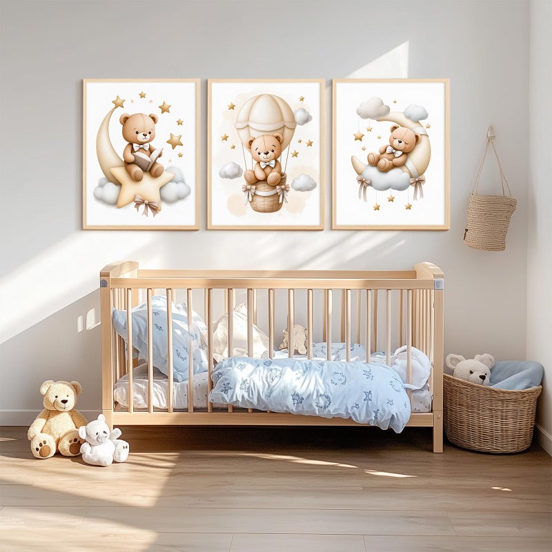 Baccone Teddy Bear Nursery Wall Art Decor Baby Boy Girl Room Pictures Bear Nursery Canvas Wall Art Decor Vintage Children's Room Posters Toddler Kids Neutral Artwork for Bedroom Playroom 12x16x3 Unframed - Image 3