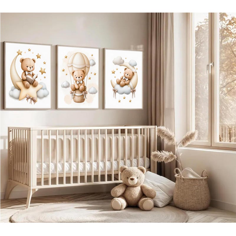 Baccone Teddy Bear Nursery Wall Art Decor Baby Boy Girl Room Pictures Bear Nursery Canvas Wall Art Decor Vintage Children's Room Posters Toddler Kids Neutral Artwork for Bedroom Playroom 12x16x3 Unframed - Image 5
