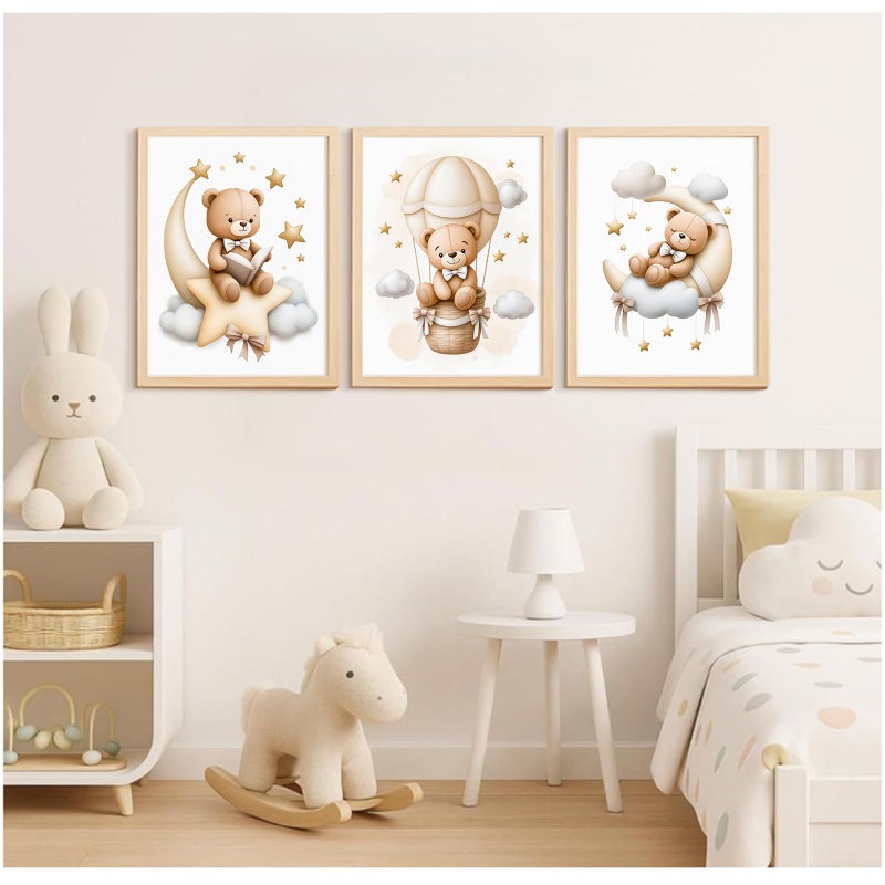 Baccone Teddy Bear Nursery Wall Art Decor Baby Boy Girl Room Pictures Bear Nursery Canvas Wall Art Decor Vintage Children's Room Posters Toddler Kids Neutral Artwork for Bedroom Playroom 12x16x3 Unframed - Image 4