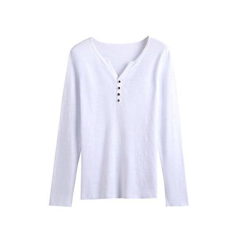 Slub cotton long-sleeved T-shirt womens loose plus size 2023 new Korean style autumn and winter button V-neck top bottoming shirt fashion Black - Image 5