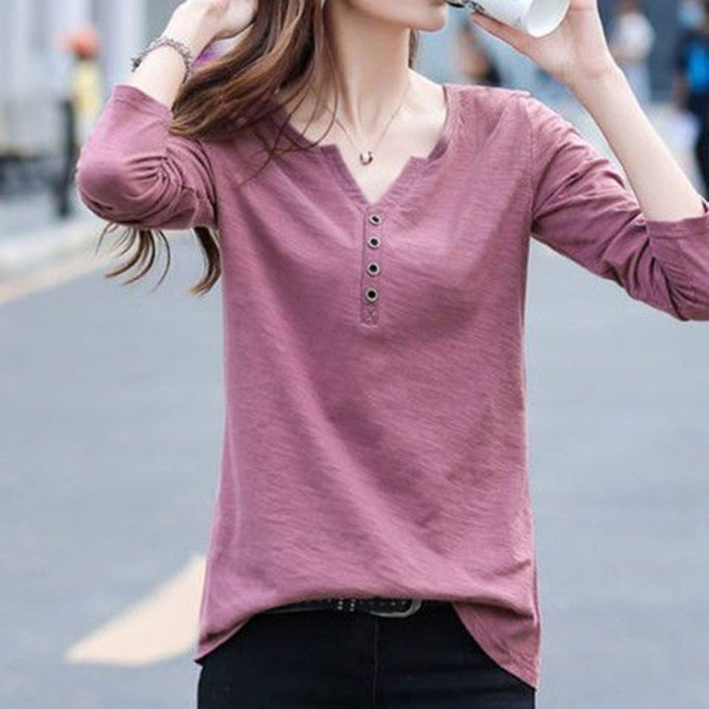 Slub cotton long-sleeved T-shirt womens loose plus size 2023 new Korean style autumn and winter button V-neck top bottoming shirt fashion Black - Image 4