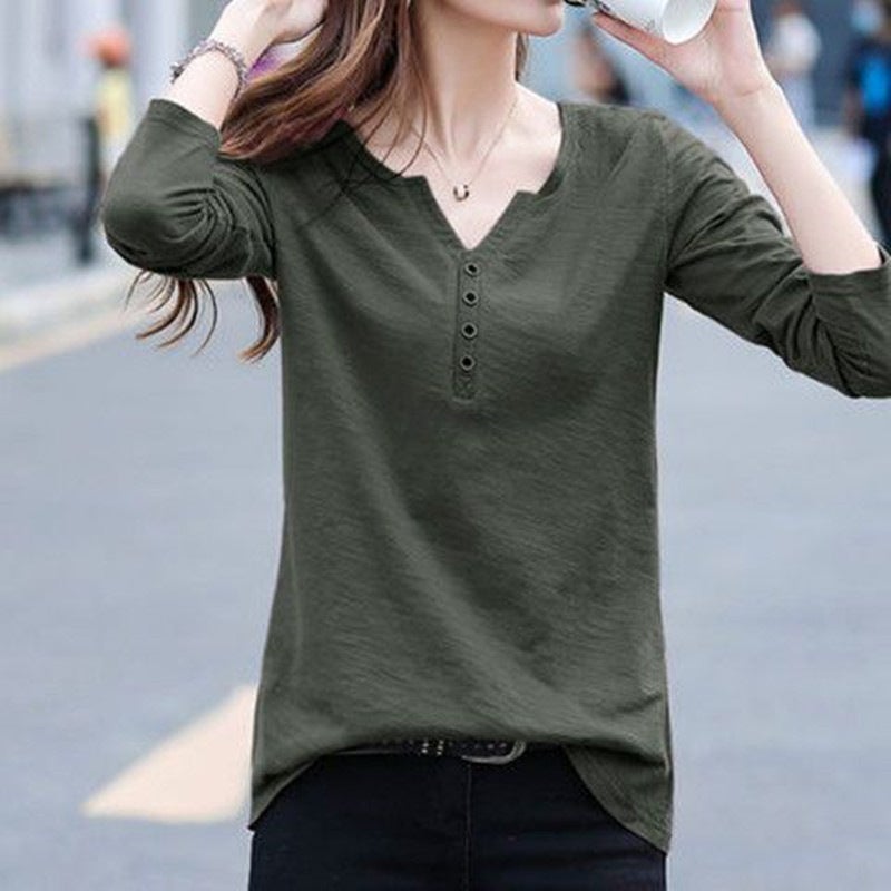Slub cotton long-sleeved T-shirt womens loose plus size 2023 new Korean style autumn and winter button V-neck top bottoming shirt fashion Black - Image 2