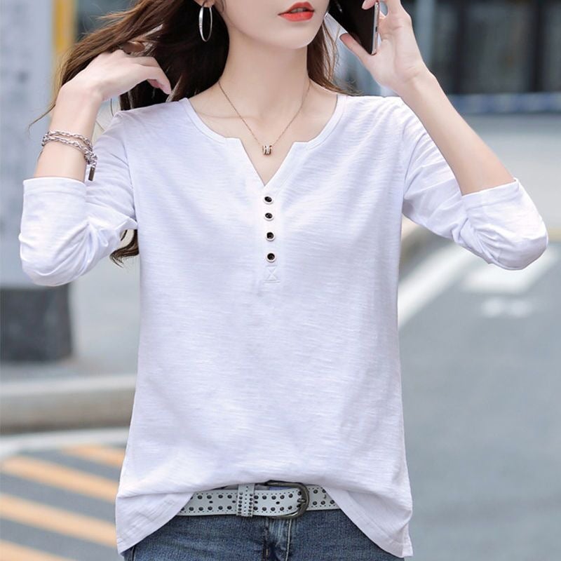 Slub cotton long-sleeved T-shirt womens loose plus size 2023 new Korean style autumn and winter button V-neck top bottoming shirt fashion Black - Image 3
