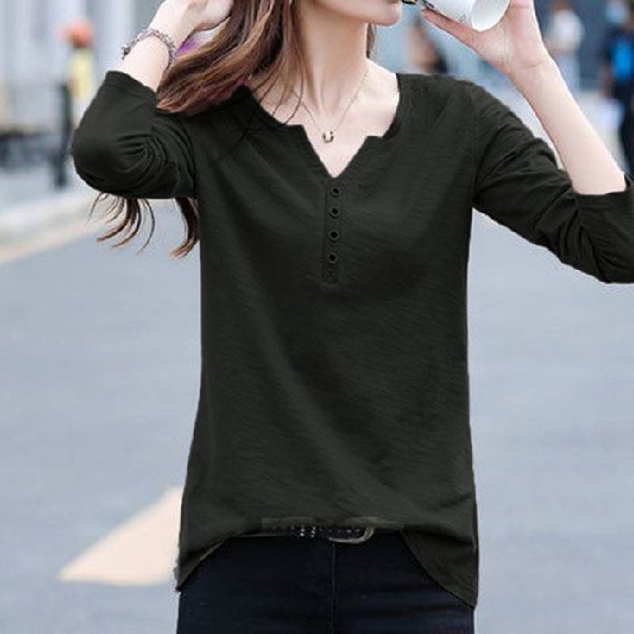 Slub cotton long-sleeved T-shirt womens loose plus size 2023 new Korean style autumn and winter button V-neck top bottoming shirt fashion Black - Image 1