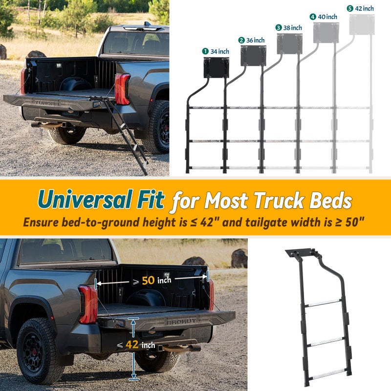 UIABOPZ Tailgate Ladder for Pickup Truck, Universal 34"-42" Height Adjustable Tailgate Step with Non-Slip Wide Pedal, Heavy Duty Durable Truck Ladder for Ford Dodge Ram Hilux Chevy GMC, Capacity 350 lbs - Image 3