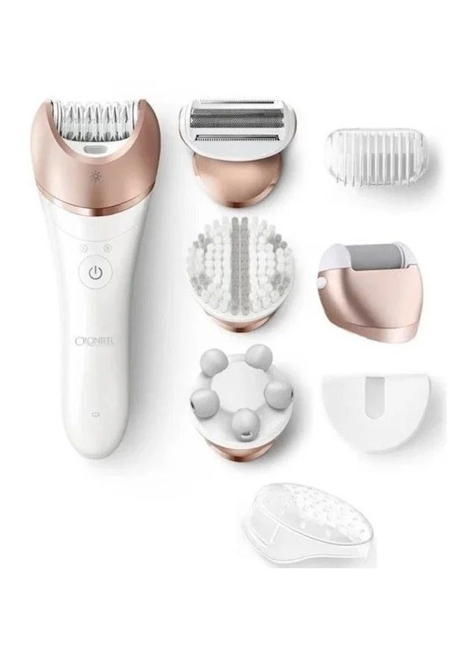 Cronier Professional ماكينة إزالة الشعر اللاسلكية Cronier Professional Cr-8801 للنساء، ماكينة إزالة الشعر القابلة لإعادة الشحن 5 في 1 للنساء مع وضع السرعة المزدوجة، رأس حلاقة، مزيل الجلد الميت، رأس تدليك، رأس تنظيف الوجه، ماكينة إزالة الشعر للساقين والذراعين - Image 1