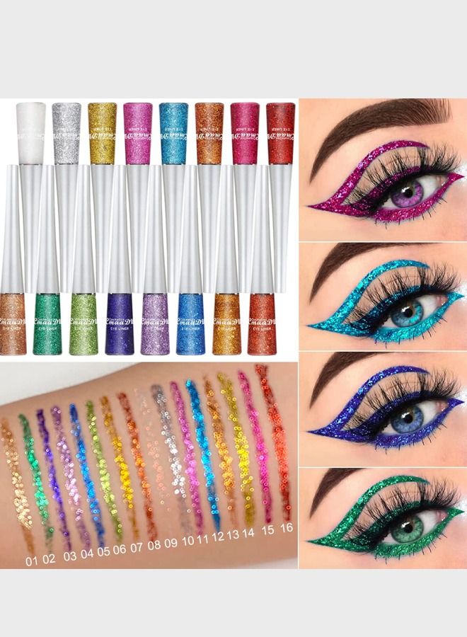 CmaaDu 16 Colors Liquid Glitter Eyeliner, Metallic Shimmer Glitter Eyeshadow, Eyebrown Shimmer Long Lasting Waterproof Face Lips Art for Party Festival Makeup - Image 2