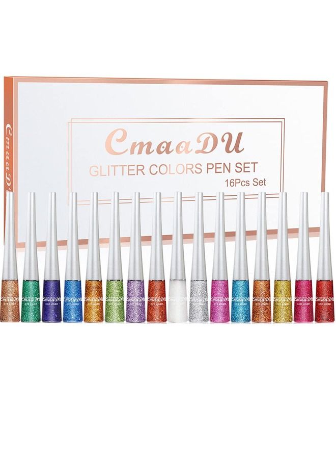 CmaaDu 16 Colors Liquid Glitter Eyeliner, Metallic Shimmer Glitter Eyeshadow, Eyebrown Shimmer Long Lasting Waterproof Face Lips Art for Party Festival Makeup - Image 1