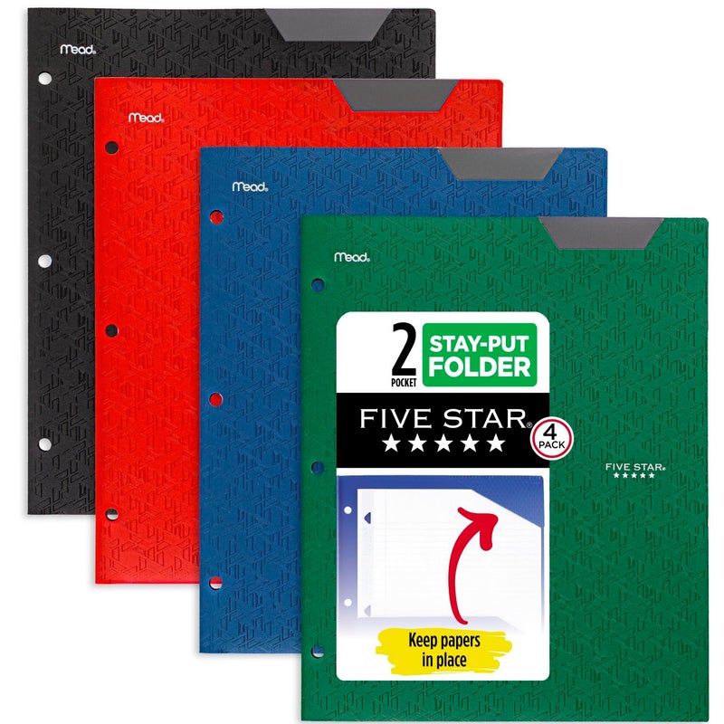 MEAD 2-Pocket Folder, 4 Pack, Plastic Folder with Stay-Put Tabs and Prong Fasteners, Fits 3-Ring Binder, Holds 8-1/2" x 11â€ Paper, Black, Fire Red, Forest Green, Pacific Blue (38049) - Image 1