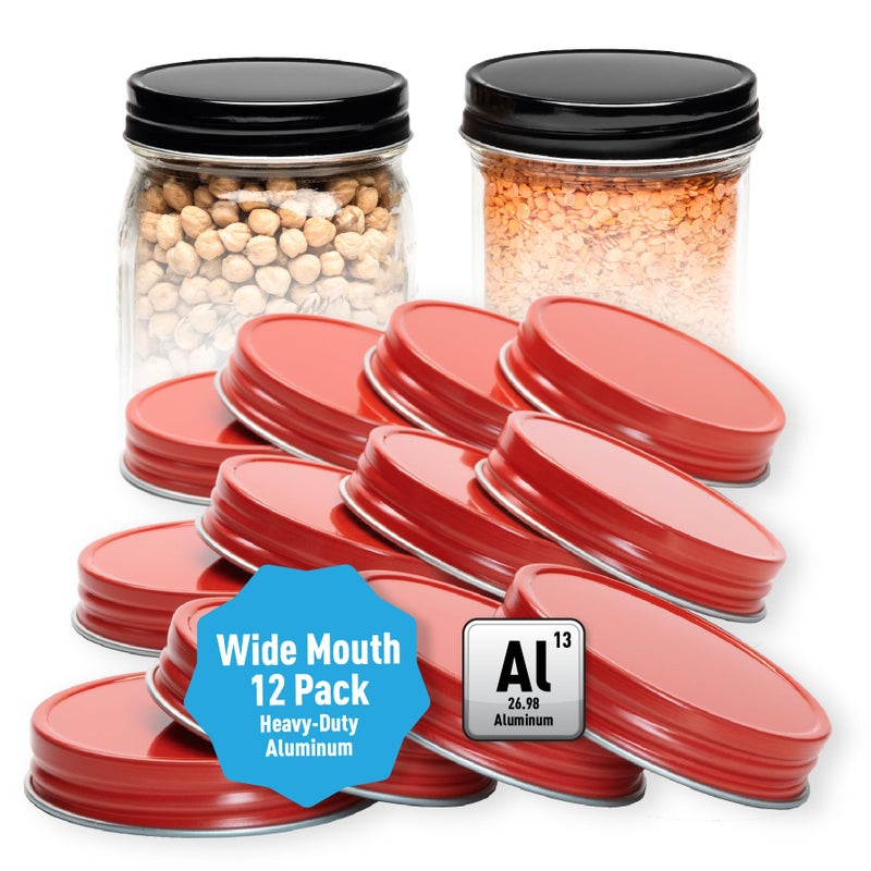 AllSpice RustProof Wide Mouth Aluminum Metal Mason Jar Lids LeakProof 12Pack Red