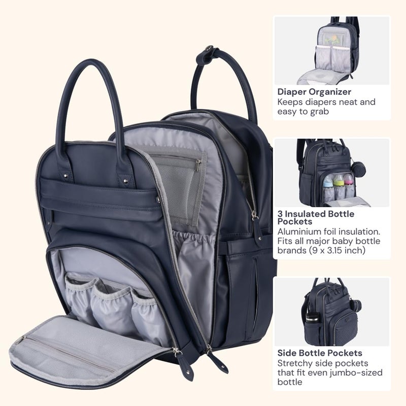 BabbleRoo Leather Diaper Bag Backpack - Baby Essentials Travel Baby Bag, Multi function, with Changing Pad, Stroller Straps & Pacifier Case â€“ Unisex, Midnight Blue - Image 5