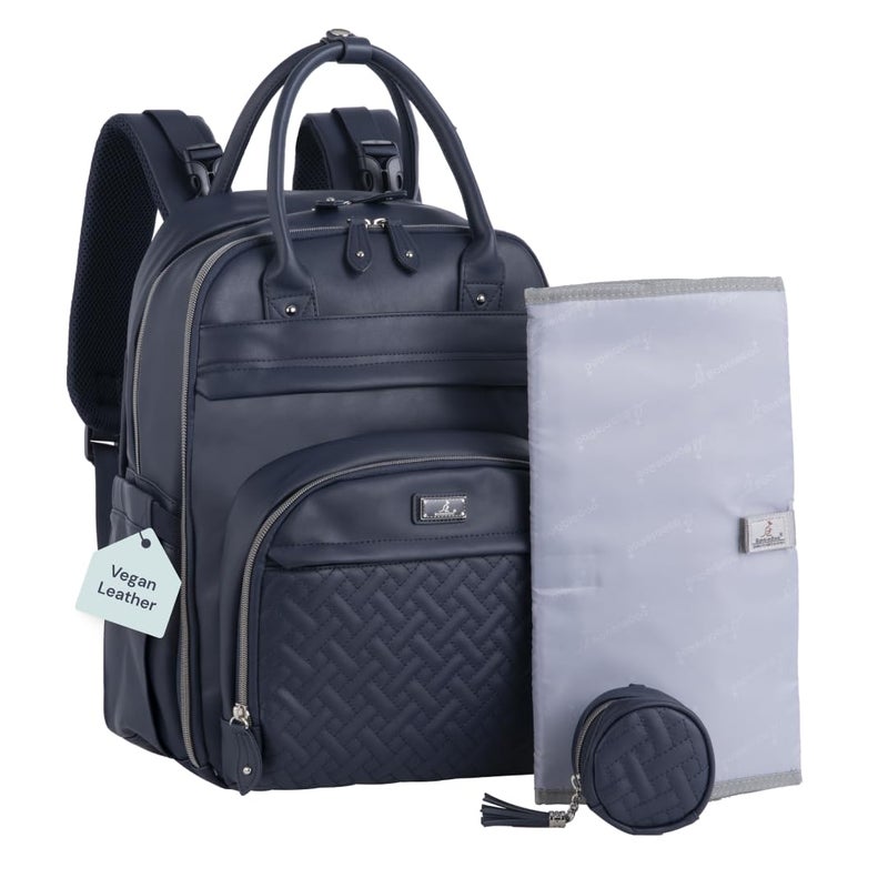BabbleRoo Leather Diaper Bag Backpack - Baby Essentials Travel Baby Bag, Multi function, with Changing Pad, Stroller Straps & Pacifier Case â€“ Unisex, Midnight Blue - Image 1