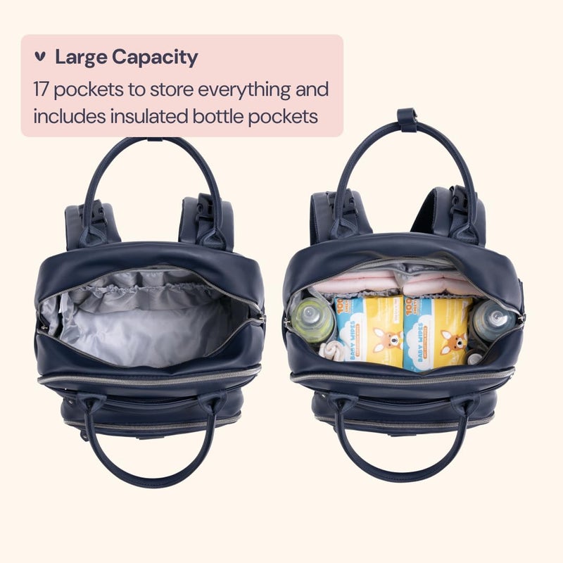 BabbleRoo Leather Diaper Bag Backpack - Baby Essentials Travel Baby Bag, Multi function, with Changing Pad, Stroller Straps & Pacifier Case â€“ Unisex, Midnight Blue - Image 4