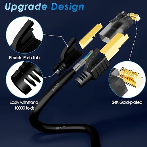 Ant Esports AEC7101 Gold Plated Cat7 Ethernet Cable High Speed 10Gbps 600MHz Ethernet Cord LAN Cable with RJ45, Weatherproof Internet Network Patch Cord for Gaming, PS, Xbox, Modem, Router 1M Black - Image 2