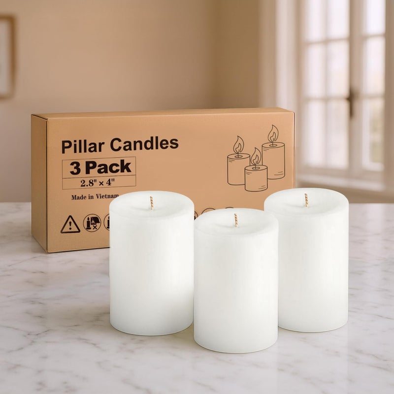 Ashlux White Pillar Candles Set of 3 Wax56 Hours Long BurningUnscented and Dripless Pillar Candles BulkLarge Candles 3x4 inch for Christmas LightsWeddingParties SpasHome Decorative