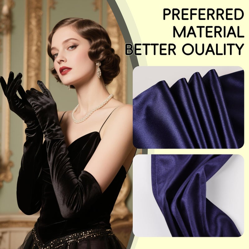 THARAHT Women Long Gloves with Satin Elbow Length for 1920s Opera Tea Party Costumes Bridal Evening Dress,Navy Blue - Image 3