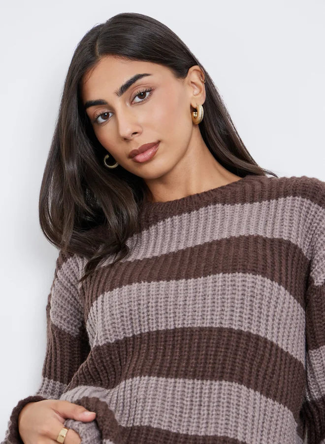 Styli Brown Striped Oversized Sweater