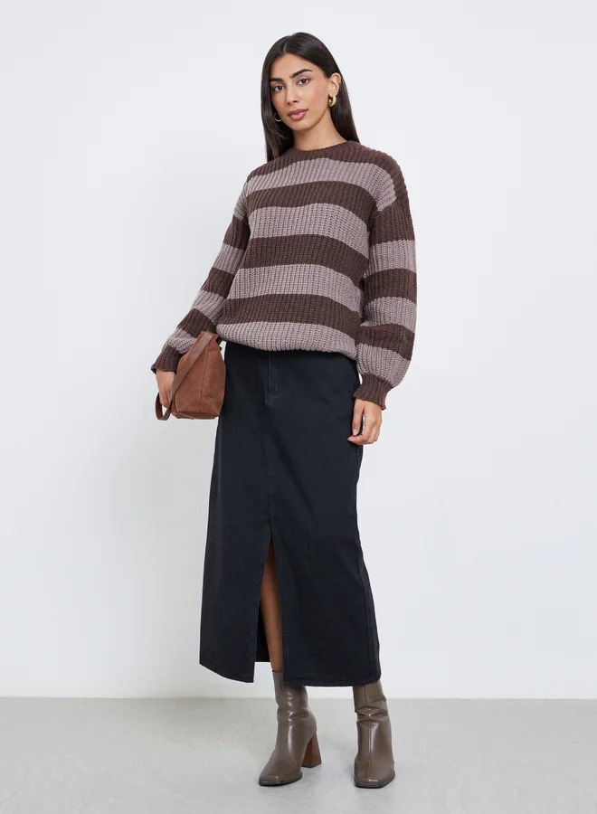 Styli Styli Brown Striped Oversized Sweater