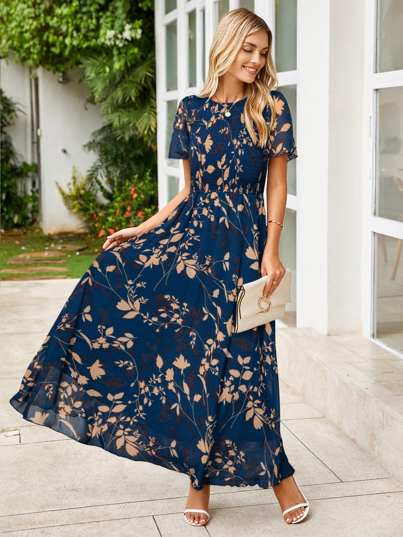 Simplee Apparel Simplee Womens Floral Maxi Wedding Guest Dress Bohemian Short Sleeve Loose Sundress Lightweight Flowy Prom Vacation Dress(Navy Leaf XL) - Image 2