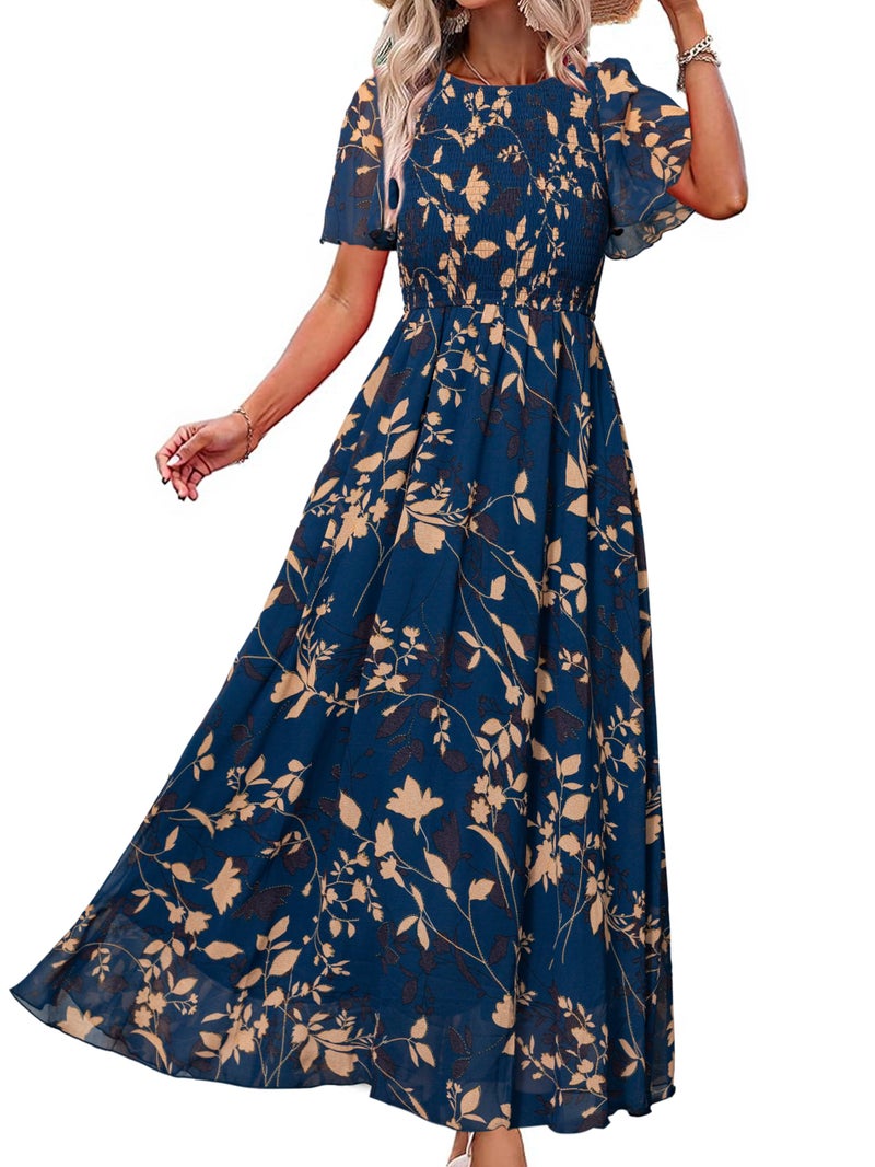 Simplee Apparel Simplee Womens Floral Maxi Wedding Guest Dress Bohemian Short Sleeve Loose Sundress Lightweight Flowy Prom Vacation Dress(Navy Leaf XL) - Image 1