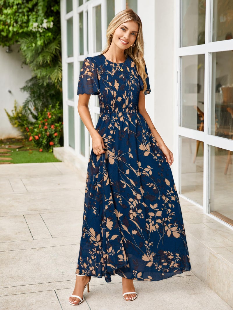 Simplee Apparel Simplee Womens Floral Maxi Wedding Guest Dress Bohemian Short Sleeve Loose Sundress Lightweight Flowy Prom Vacation Dress(Navy Leaf XL) - Image 3