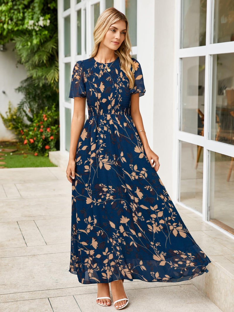 Simplee Apparel Simplee Womens Floral Maxi Wedding Guest Dress Bohemian Short Sleeve Loose Sundress Lightweight Flowy Prom Vacation Dress(Navy Leaf XL) - Image 4