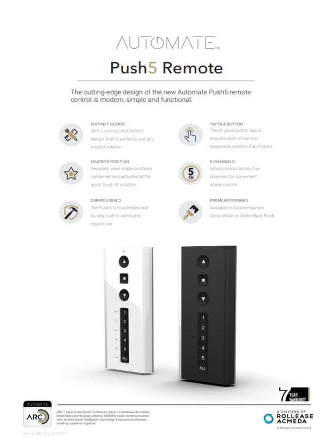 RollEase Push 5 Remote from Rollease Acmeda. MT02-0101-067004 (White) - Image 5